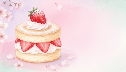 春背景に映える水彩イチゴケーキスイーツ素材