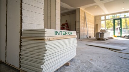 Stack of Drywall Sheets in Construction Site for Interior Design Project