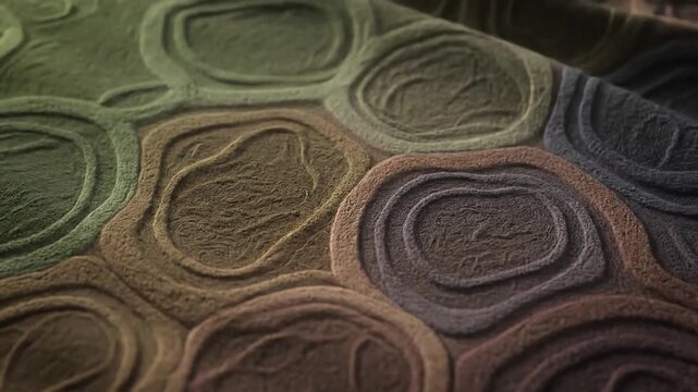 Soft Rippling Organic Tessellation A close-up, locked camera view of a fabric surface with soft geometric patterns that gently ripple and undulate across the frame.