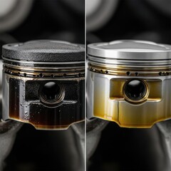 Automotive Engine Piston Comparison Showing Clean and Dirty Surface Contrast