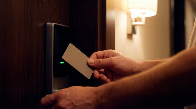 Close up of hand using key card to unlock electronic door. Person entering hotel room with smart lock technology. Security and access concept