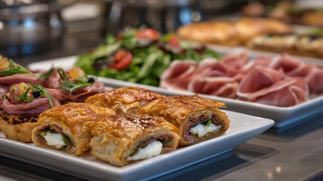Modern gourmet buffet setup showing a refined assortment of appetizers, golden sausage rolls in puff pastry, elegant mini sandwiches, bite-sized quiches, and silky prosciutto, clea