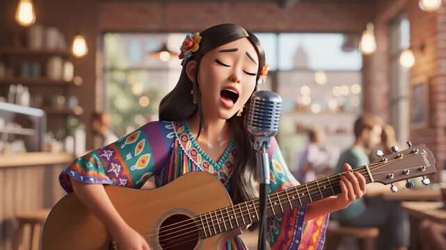 Animated woman performs a folk song with her acoustic guitar in a cozy cafe.