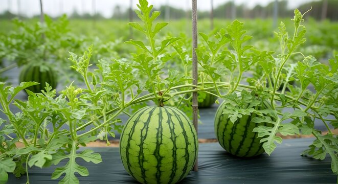 Natural progression of watermelons fruit in the patch