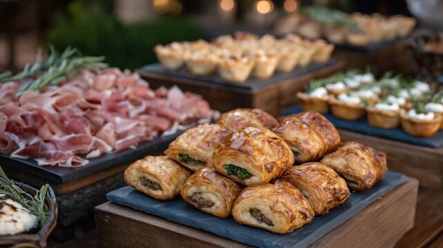 Photorealistic close-up of a party snack assortment with puff pastry sausage rolls glistening under studio light, artisan mini sandwiches, savory quiche bites, and thinly sliced pr