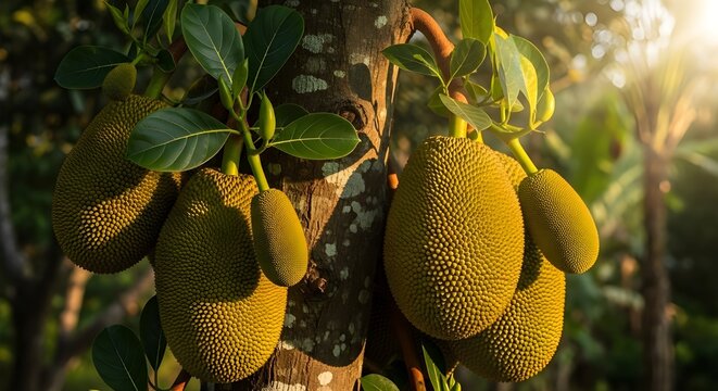 Jackfruit tree bearing many fruits in the backyard