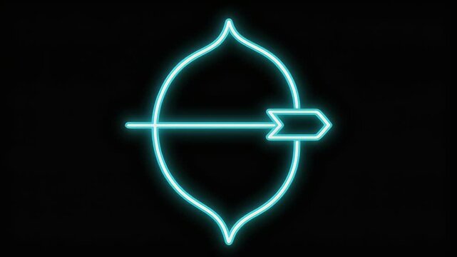 A vibrant neon blue outline of a bow and arrow, ready to shoot, glowing against a dark black background.