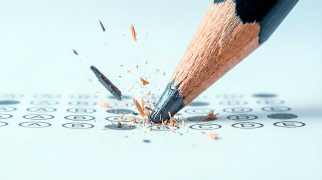 Macro shot of pencil tip breaking on multiple choice answer sheet. Exam stress concept