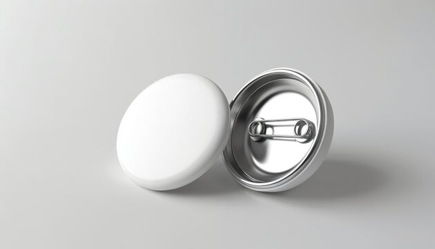 Two blank round button badges isolated on plain grey background. One badge shows its silver metallic back with pin. Clean mockup for custom design.