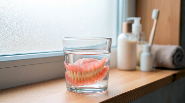 False teeth dentures soaking in a glass of water on a bathroom shelf. Dental hygiene and oral care concept