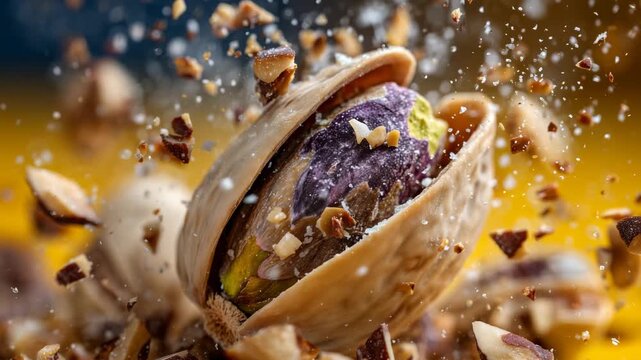 Ultra-detailed close-up of a pistachio nut exploding mid-air, shell fragments and nut pieces scattering dynamically across a bright yellow background, motion frozen with crisp clar