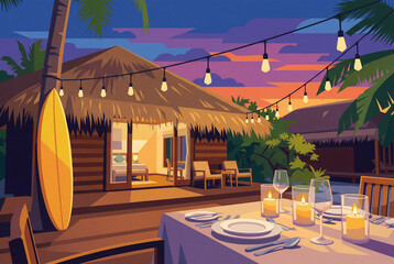 Lush tropical paradise scene with a beach villa, surfboard, and a candlelit dinner table under festive string lights at vivid sunset.