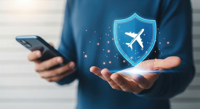 Person holding a smartphone with a shield and airplane icon