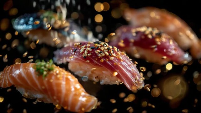 Ultra-detailed studio food photograph of assorted sushi floating in zero gravity, translucent salmon, rich tuna, and pearly shrimp nigiri showcased with precision, sesame seeds sus