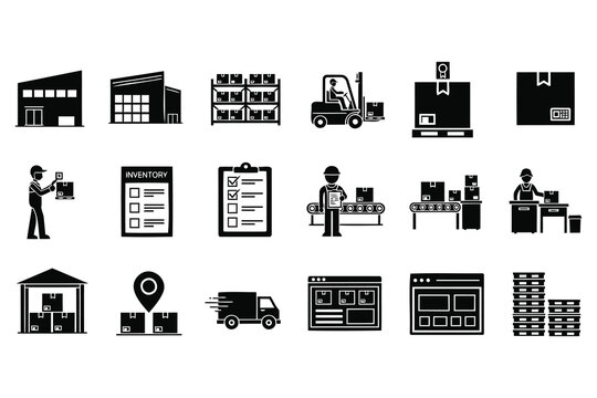 Modern warehouse and logistics icons set featuring storage buildings forklift and inventory management symbols