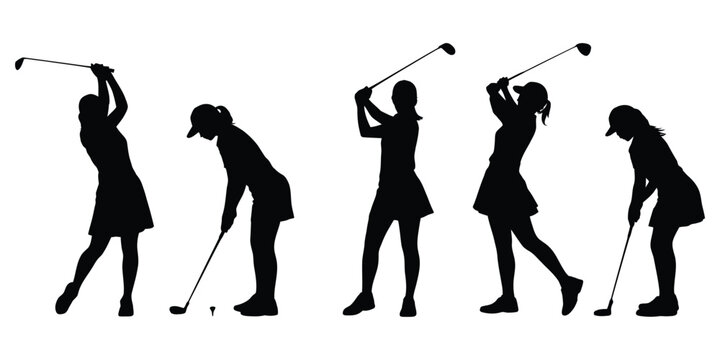 Golf girl silhouettes set, female golfer action poses swinging club and putting ball, sport competition symbols, athletic movement shapes, outdoor course activity graphics, clean black vector