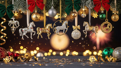 Christmas decorations with hanging ornaments, garlands, and colorful baubles.