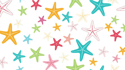Obraz premium Bright seamless pattern showcases many colorful starfish in various sizes scattered across a clean white background for summer themes.