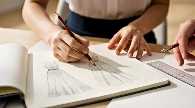 Fashion Designer Hands Sketching Dress Illustration Pencil Sketchbook Close-Up Ultra HD 4K