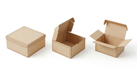 Three cardboard boxes in varying sizes isolated on white background