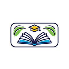A rectangular illustration features an open book, graduation cap, and leaf-like elements