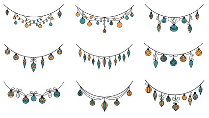 Assortment of decorative holiday bauble garlands features various hand drawn ornaments hanging from strings in teal and gold tones.