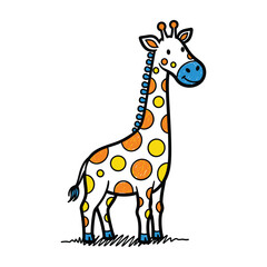 Smiling Cartoon Giraffe With Orange And Yellow Spots Standing On Grass In Black Outline Style