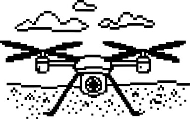 Obraz premium Pixel drone with four propellers flying over landscape retro monochrome drone illustration with clouds and digital surveillance concept