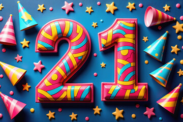 Fototapeta premium Greeting card for 21 years. Vibrant, playful design featuring the number 21 with party hats and stars for a birthday celebration.