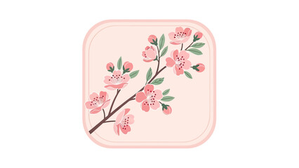 Floral illustration of cherry blossom branches with pink flowers in a rounded square frame