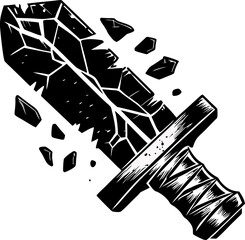 breaking stone sword illustration with shattered fragments, cracked blade, and textured handle design