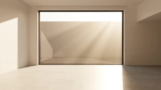 Serene Backlit Interior A static, wide-angle view emphasizing the peaceful ambiance created by natural light filtering into a clean, modern, and uncluttered space.