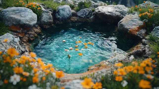 A serene natural spring bubbles up, surrounded by vibrant orange flowers and lush greenery, creating a tranquil oasis in a rocky setting.