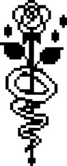 Fototapeta premium Pixel art black snake coiled around a thorny rose stem with leaves and drops on white background