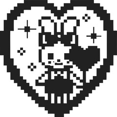 Pixel art heart with cute bunny and sparkling stars, retro digital in black and white