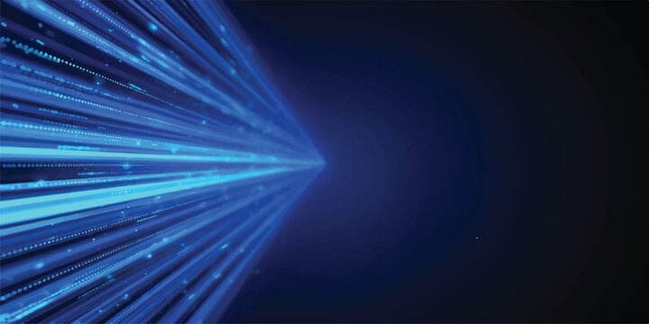 Abstract blue digital streaks and particles moving rapidly towards a vanishing point, representing data transfer and high-speed connection