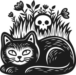 Fototapeta premium Black cat resting with grass, flowers, and skull silhouette in a decorative spooky design