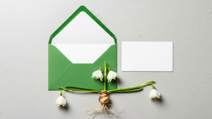Envelope with flowers and a small plant arranged creatively on a light surface.