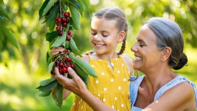 Happy grandmother and granddaughter picking ripe cherries in sunny orchard, tender generational bond, heartfelt family connection, shared summer joy, love, warmth meaningful moments between elders