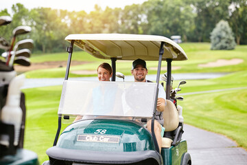 Happy couple, golf cart and drive at course, outdoor and portrait for bonding for tip in summer....