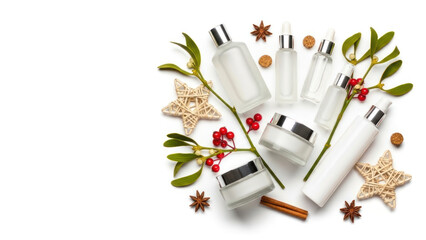 Collection of cosmetic products with decorative holiday-themed items and herbs.