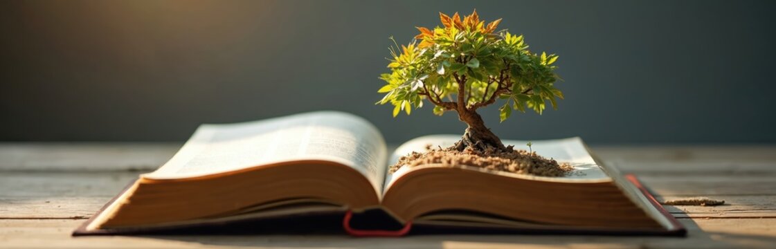 Open book shows tree growing from soil. Tiny plant sprouts from pages in soft morning light. Symbolizes knowledge growth learning and new beginnings.
