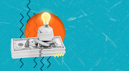 Obraz premium Art collage showing a person on money with a light bulb head working on a laptop against a colorful background