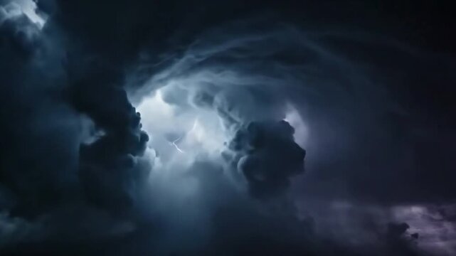 Vortex Heart A high-angle shot looking down into the immense, churning core of a supercell storm. Focus on the mesmerizing, 'drifting' movement of rain, mist, and cloud fragments spiraling within the
