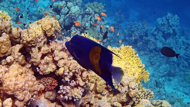 Underwater footage of yellowbar and halfmoon angelfish (Pomacanthus maculosus) swimming near fire coral (Millepora) on a vibrant Red Sea coral reef near Sharm El Sheikh, Egypt.