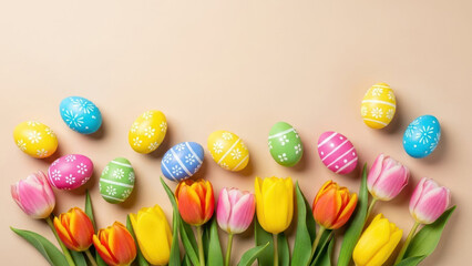 Colorful decorated eggs and tulips arranged on a light background.