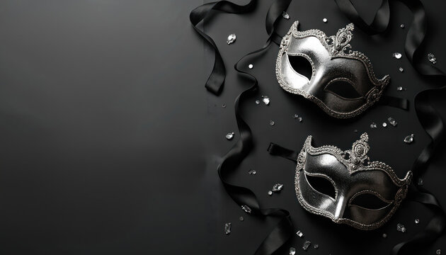 Two silver masquerade masks with black ribbons and gems on dark background. Elegant festive event celebration mystery disguise luxury accessory.