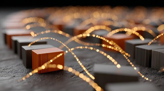 organization scene with structured data blocks and glowing analytical lines