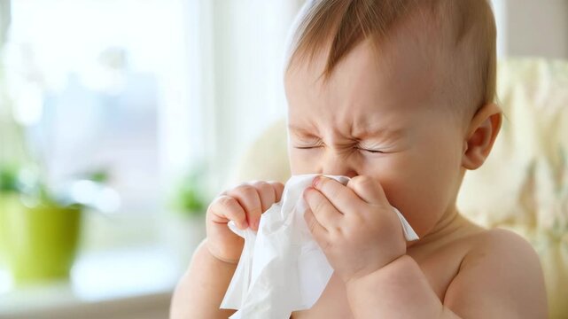 Crying baby wiping nose with tissue at home, infant cold allergy symptoms, runny nose sneezing congestion, childcare hygiene, pediatric health concern, closeup portrait in daylight