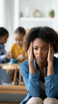 Frustrated mom sitting with headache while kids play loudly in background, feeling stressed and exhausted, daily challenges of motherhood, balancing chaos, emotional pressure home, parenting fatigue